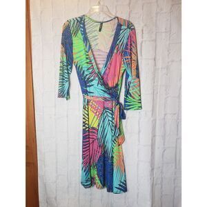 JANETTE Vibrant Tropical Midi Wrap Dress Large